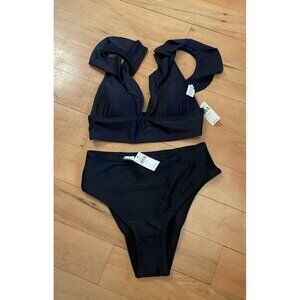 Aerie Black Bikini Set Size XS Ruffle‎ Triangle Top + High Cut Cheeky Bottom NWT